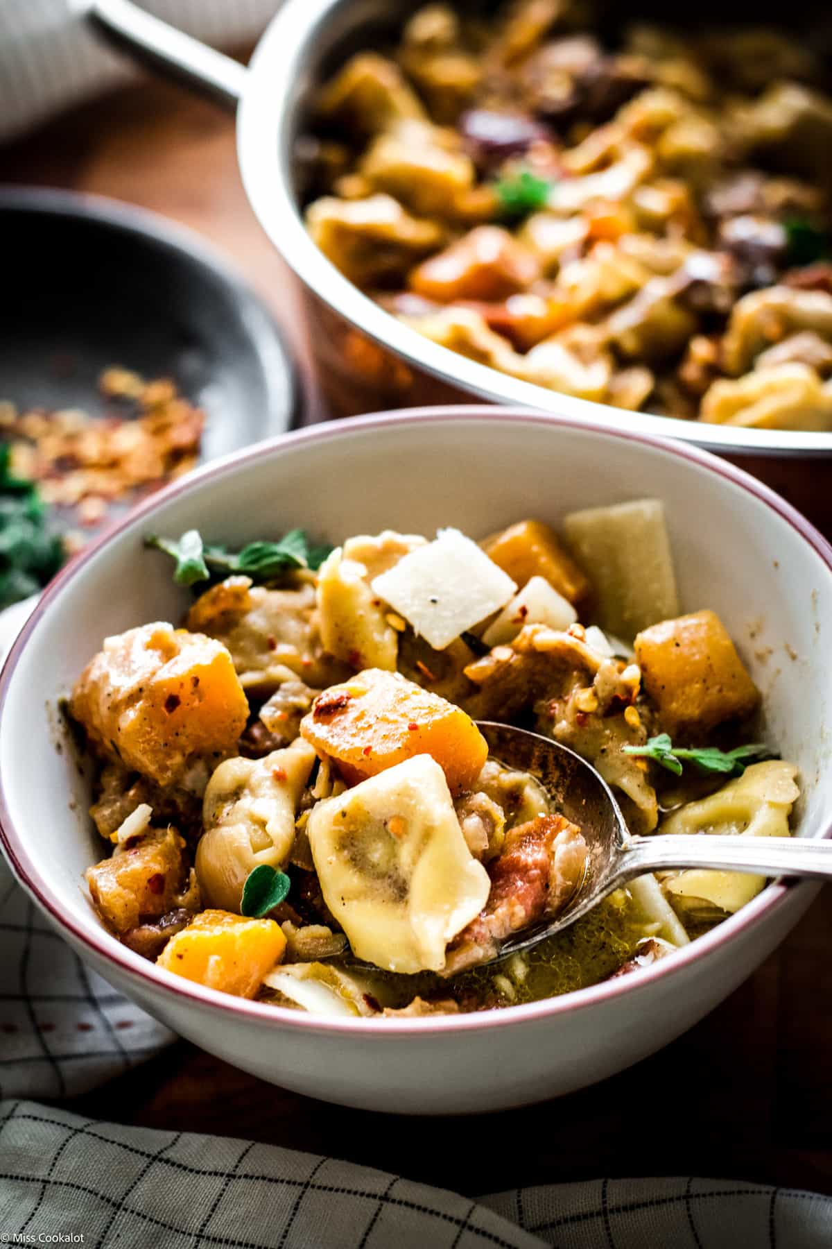 A bowl with pumpkin stew with tortellini and a spoon, half view of a pan with stew and a plate with herbs and spices.