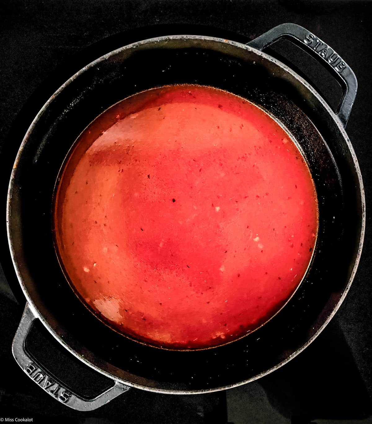 Tomato broth in a stockpot.